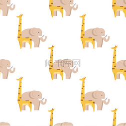 图案长颈鹿和大象隔离在白色无缝