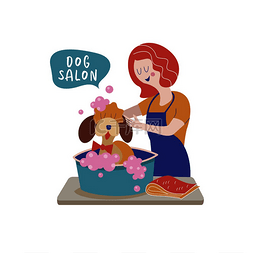 洗发水样机免费图片_可爱的狗在美容沙龙。女人洗狗。
