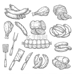 培根香肠画图片_肉类食品香肠和厨房餐具的单色草
