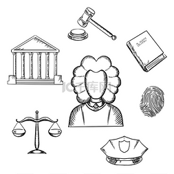 拍卖木槌图片_法律和正义素描图标围绕着一名律