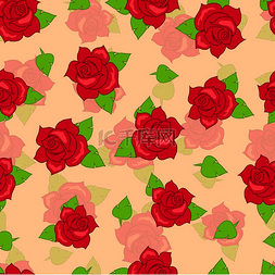 红色玫瑰背景图片_红玫瑰绿叶无缝图案。