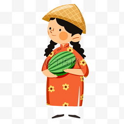 越南春节抱着西瓜的红衣女孩