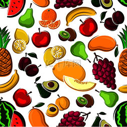香蕉西瓜菠萝图片_白色背景的甜水果图案与无缝的苹