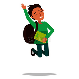 跳跃的男学生穿着绿色毛衣、裤子