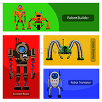 用于建筑结构、清洁场所、外语翻译和工作辅助矢量插图集的不寻常机器人。满足各种需求的现代机器人插图集