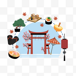 旅游景点图标图片_蓝色日本旅行景点美食图标