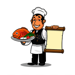 烹饪的图标图片_鱼餐厅厨师拿着菜单卡模板和炸鱼