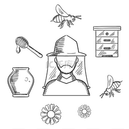 养蜂蜜图片_养蜂业和养蜂场素描图标与养蜂人