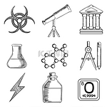 科学和化学素描图标和符号与望远镜、烧瓶和块茎、圆规、原子、古庙、辐射和电源标志。