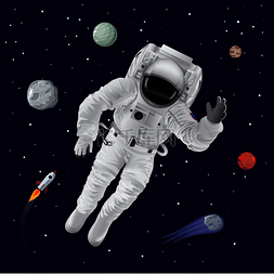 宇航员穿着宇航服和身后的行星，