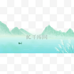 中式船只图片_水彩绿色春天山水
