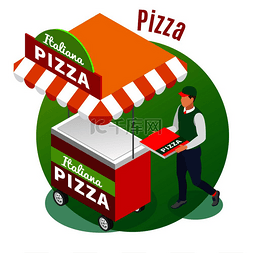 披萨广告图片_圆形绿色背景等轴测矢量图上的街