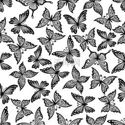 黑色和白色复古无缝飞行蝴蝶图案