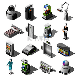 行李服务员图片_机器人酒店等距图标与机器人服务