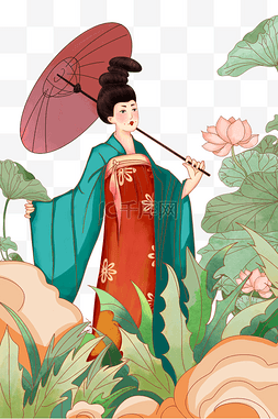 仕女荷花图片_中国风唐朝仕女撑伞图