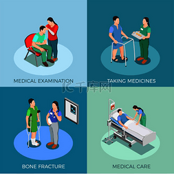 人床图片_医生和病人等距设计概念与检查、