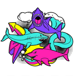 鲨鱼的牙齿卡通图片_印有卡通鲨鱼图案城市色彩缤纷的