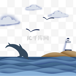 沙滩海鸥图片_剪纸风格海洋