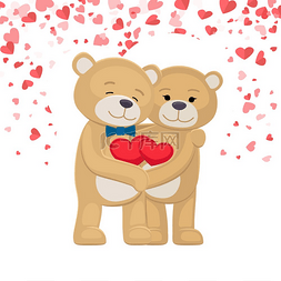 爱在情人节图片_快乐的泰迪熊一家，爪子里拿着红
