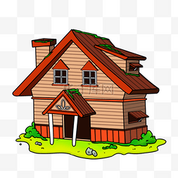 卡通风格棕红色屋顶肉色房体小木