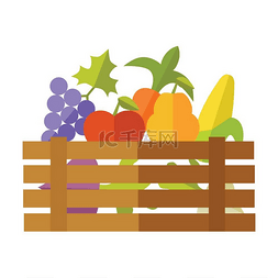 葡萄和盒子图片_市场载体上的新鲜水果和蔬菜。