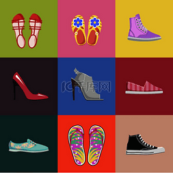时尚女鞋背景图片_在彩色背景上的时尚女鞋系列。