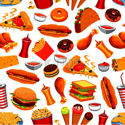 披萨汉堡饮料图片_快餐无缝模式零食和饮料的矢量模