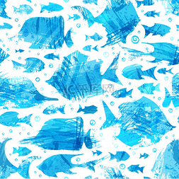 平铺背景图案图片_蓝色水彩无缝鱼图案