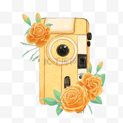 黄色相机水彩花卉