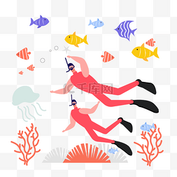 卡通背包客图片_游泳人物水下彩色小鱼