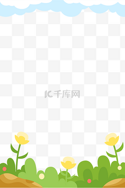 春天素材图片_春天云朵花草边框卡通植物草地