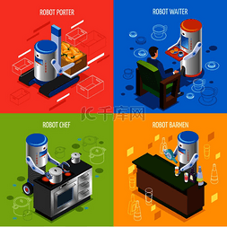 厨师机器人图片_等距机器人餐厅图标集与机器人搬