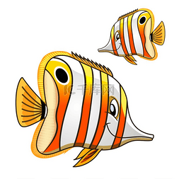 卡通明亮的热带海鱼有白色和黄色