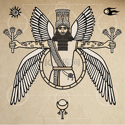 纸张背景图片_古代亚述翅神。苏美尔神话的字符