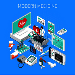 医疗药物设备图片_蓝色背景下的现代医学等距组合与