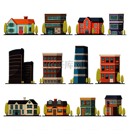 郊区和城市图片_生活建筑的正交装饰图标集包括城