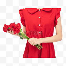 七夕红衣服美女手拿玫瑰
