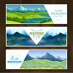 阿尔卑斯草地横幅套装一组带有山景装饰标题文字的横向自然景观横幅阅读更多按钮矢量插图
