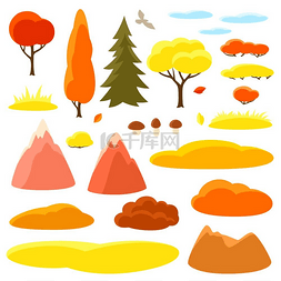 秋天的树木、山脉和丘陵。