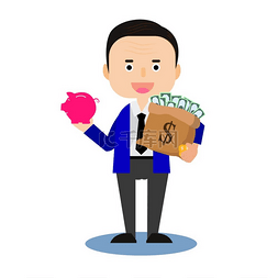 经济职业图片_商人拿着钱袋子和粉红猪储蓄。