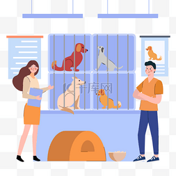 笼子里的可爱小狗动物收容所插画