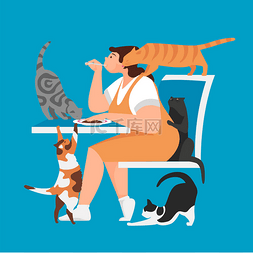 吃的手绘矢量图片_女人和猫。女人当着猫的面吃饭。