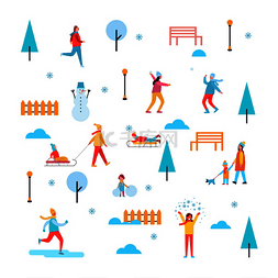 冬季户外活动，人们玩乐、滑冰和