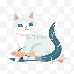 扁平卡通插画装饰素材猫吃鱼4