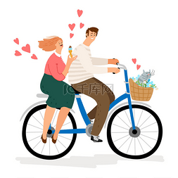 女人易燃易爆图片_情侣在爱骑自行车矢量插图。卡通