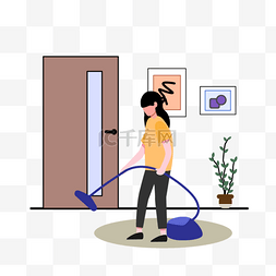 妈妈用吸尘器清洁地面家庭插画