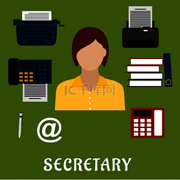办公室打印机图片_秘书或助理职业平面图标，包括电