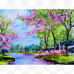 春天的景色图片图片_河畔的樱花