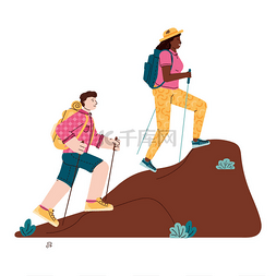 男女徒步旅行者爬上小山，卡通人