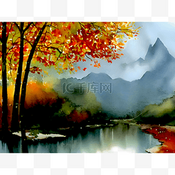 秋季树木插画图片_秋季的湖泊水墨